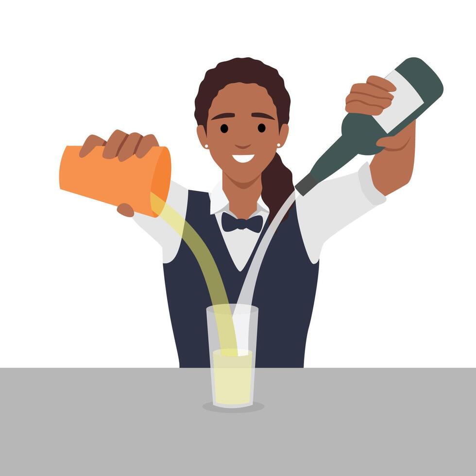 Bartender in uniform making cocktail at bar. vector