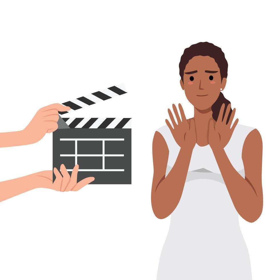 Woman movie star is embarrassed sees clapboard passing casting call for role. vector