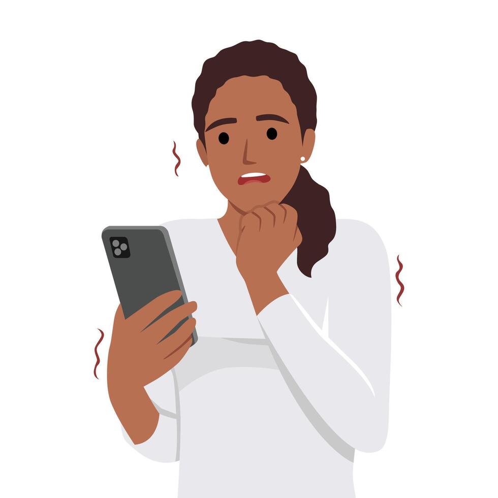 Frightened woman with phone biting nails in fear after reading bad news vector