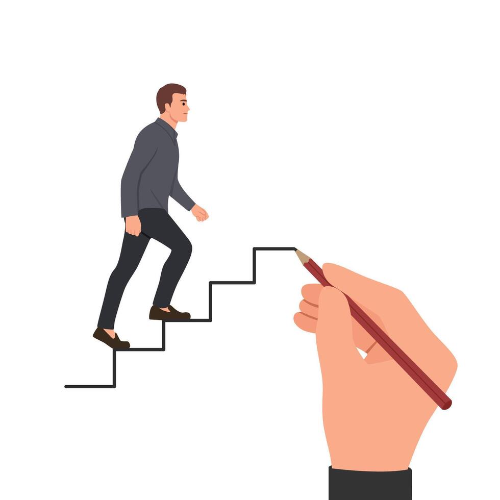 Young man is climbing career ladder. Human hand drawing stairs close up. vector