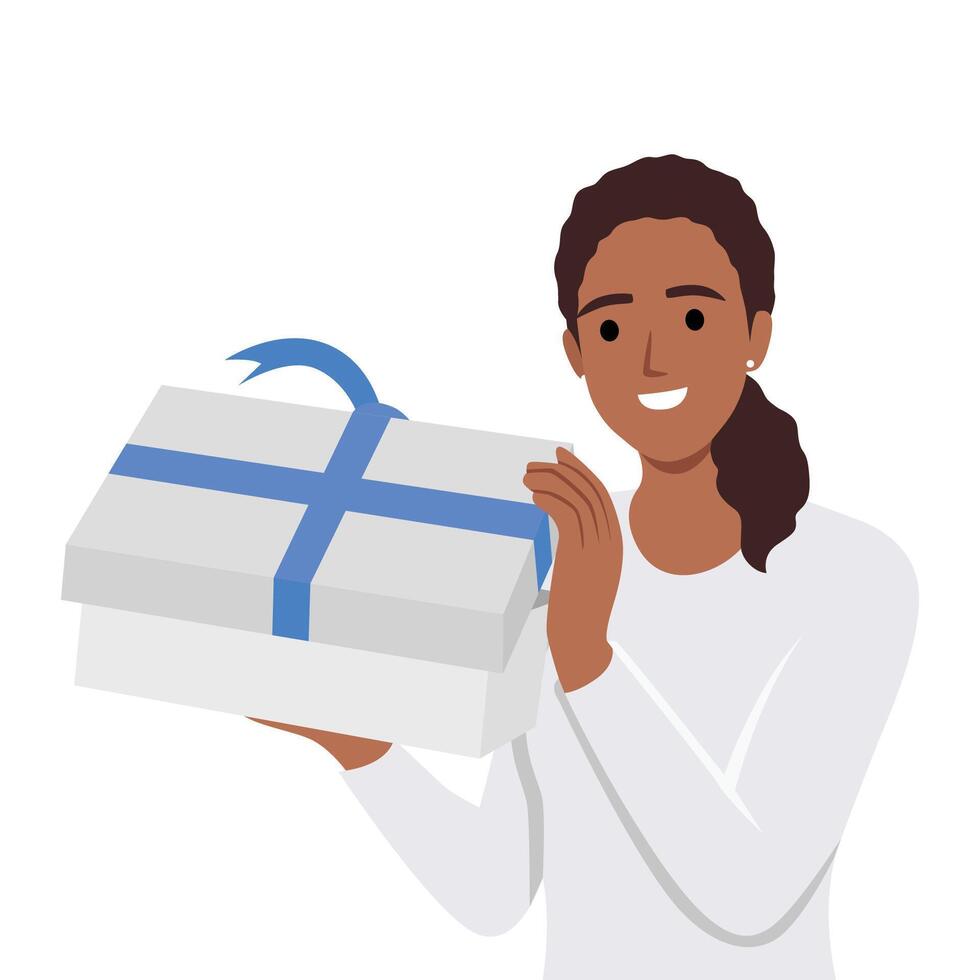 Exited happy cheerful young woman get open gift box. vector