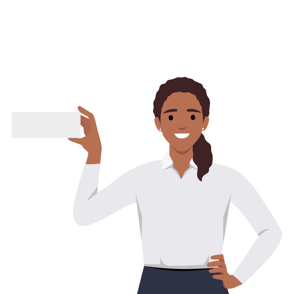 linda mujer de negocios aislado en blanco. ella es participación un pedazo de papel. plano vector