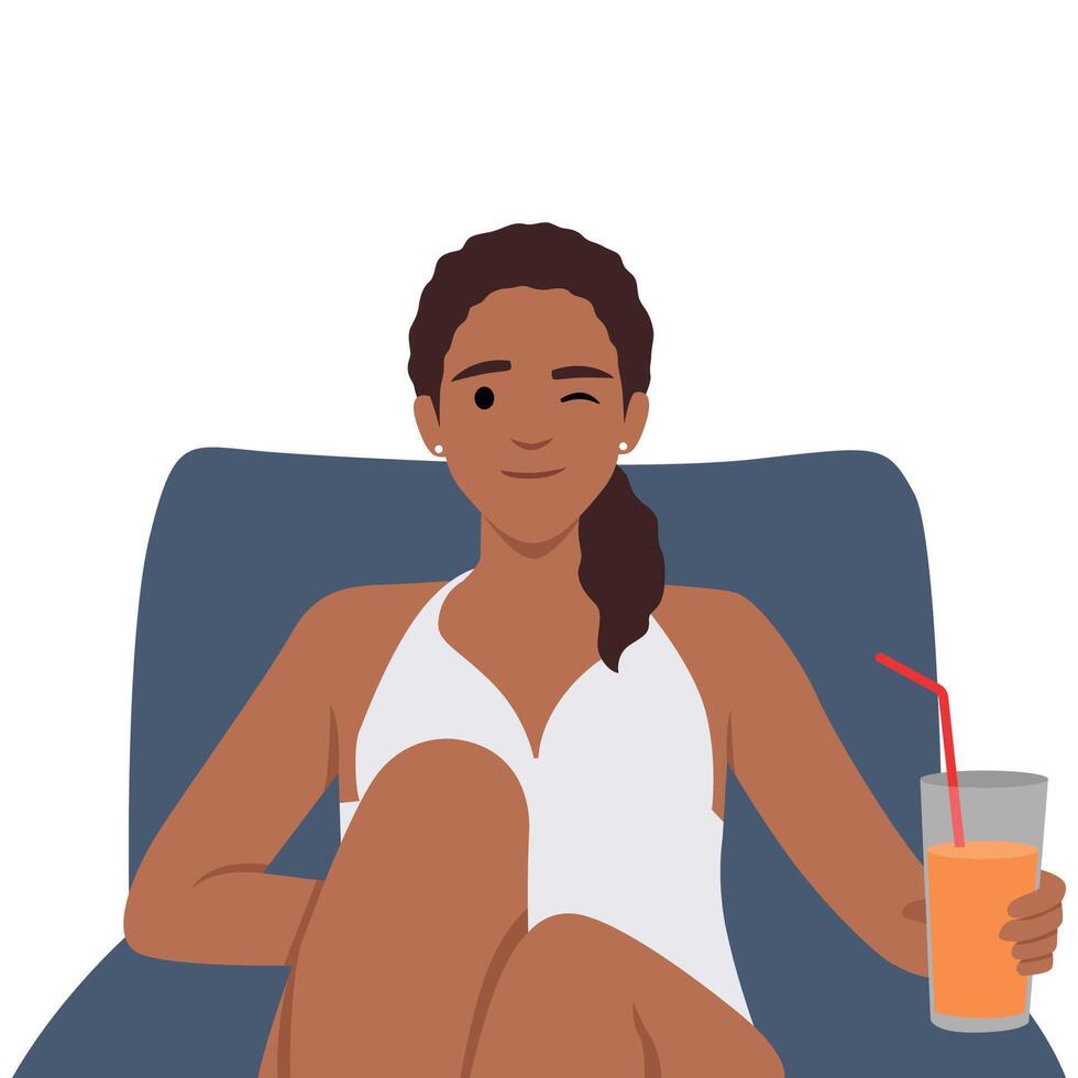 Woman in Bikini Sitting on Deck Chair at Poolside or Beach Drinking Cocktail. vector