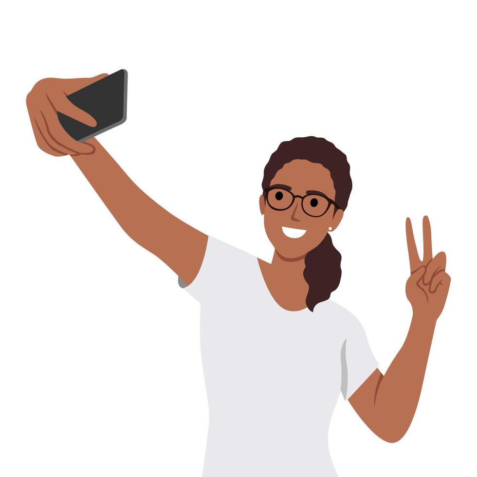 Young woman taking photo with mobile phone. vector