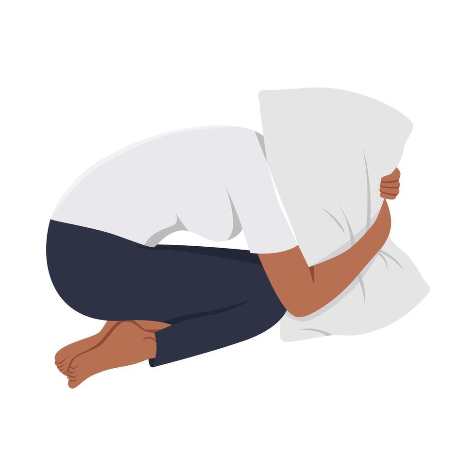 Young frightened depressed woman lying alone on bed in fetal position covering head with pillow vector