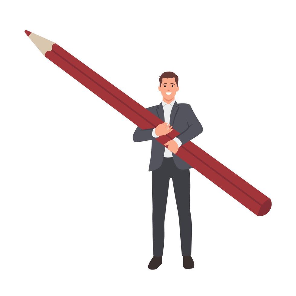 Businesman creative hold big pencil. Businessman journalist. vector