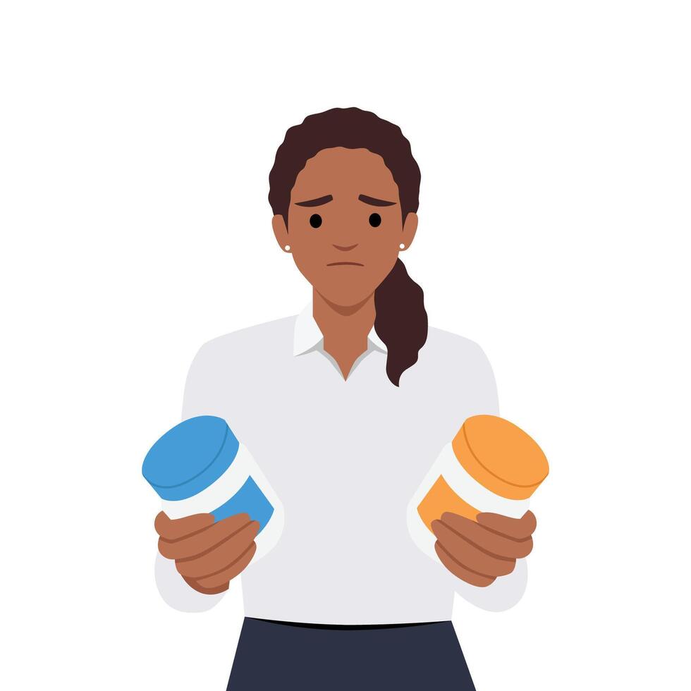 Young woman holds in her hands jars of vitamins, dietary supplements, bablets, medicines and thinks, decides what to choose. vector