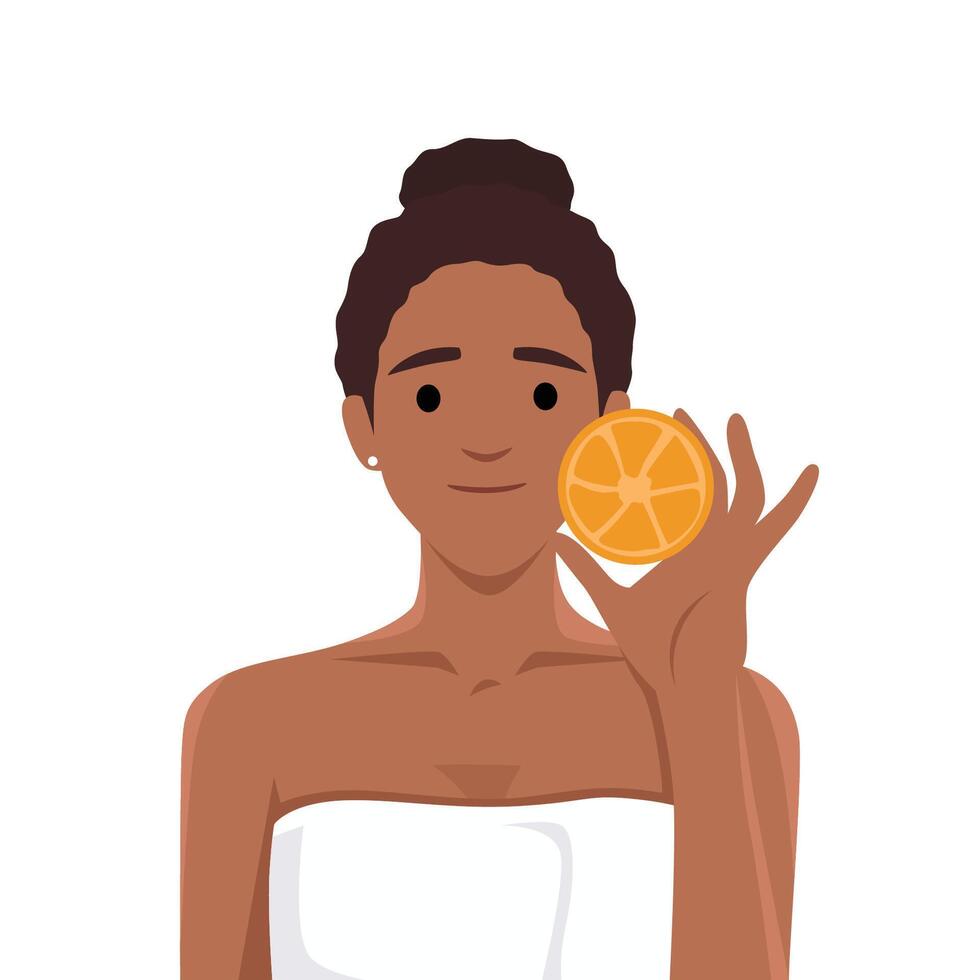 Young beautiful black woman in white towel holding lime vector