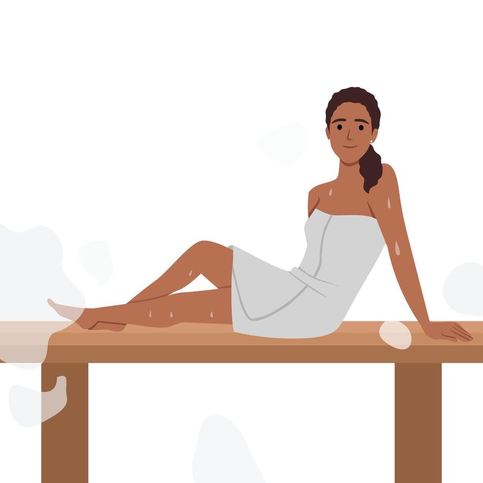 Woman in felt hat wrapped in body towel sits, sweating on bench in sauna. vector