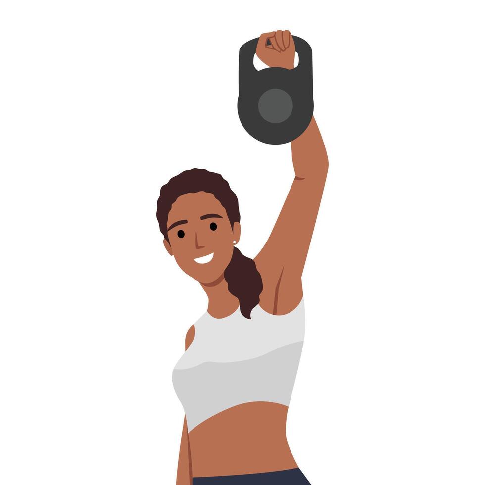 Woman doing Single arm kettlebell snatch workout exercise. Flat vector illustration isolated on white background.