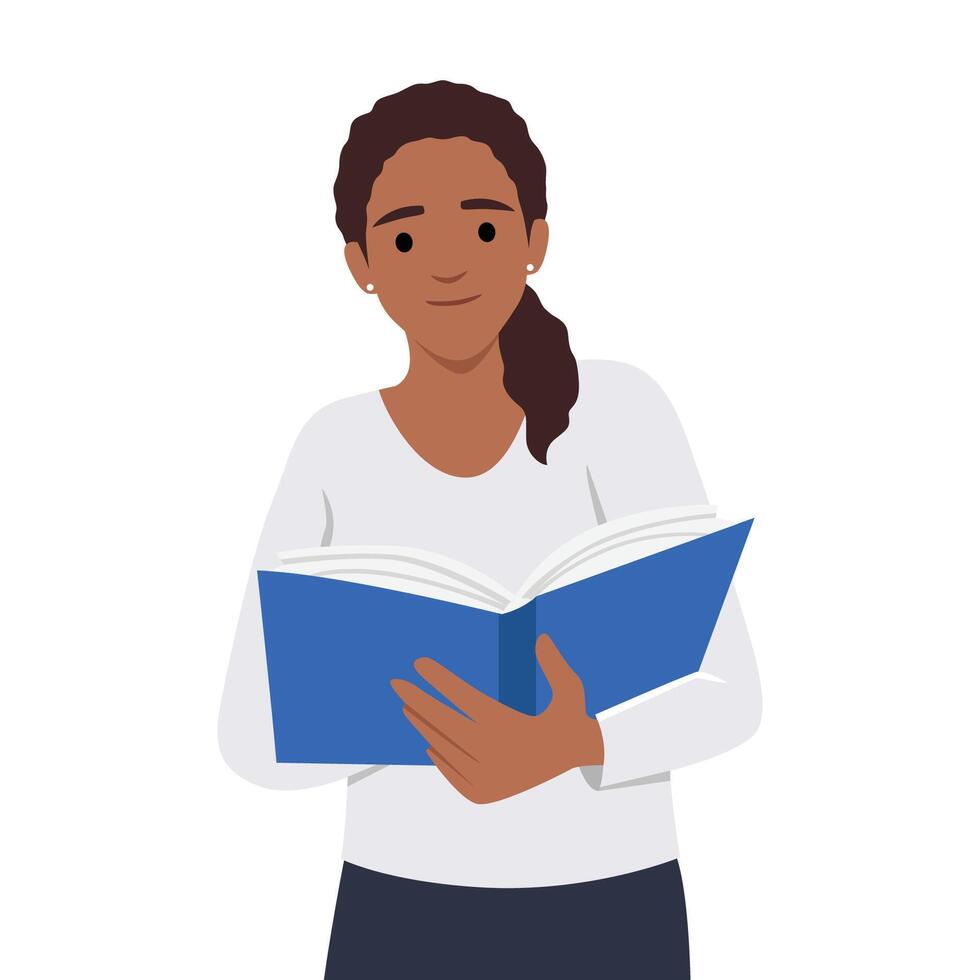 negro mujer leyendo un grande libro mientras de pie. joven mujer. hermosa ropa. leer más libros concepto. vector