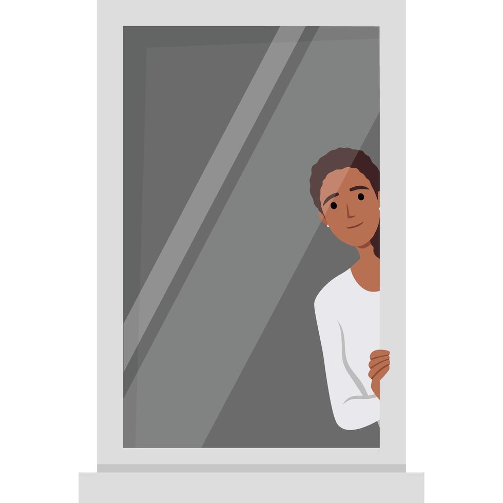 Young woman looking something outside window. Peeking from her room vector
