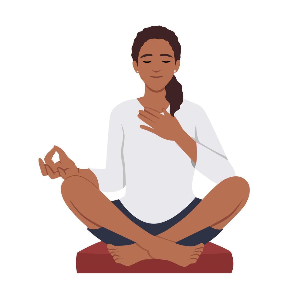 Happy woman with closed eyes sitting in lotus position practicing yoga vector