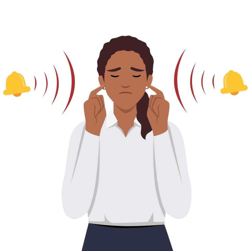 Woman with closed eyes is plugging her ears with fingers when suffering from tinnitus. vector
