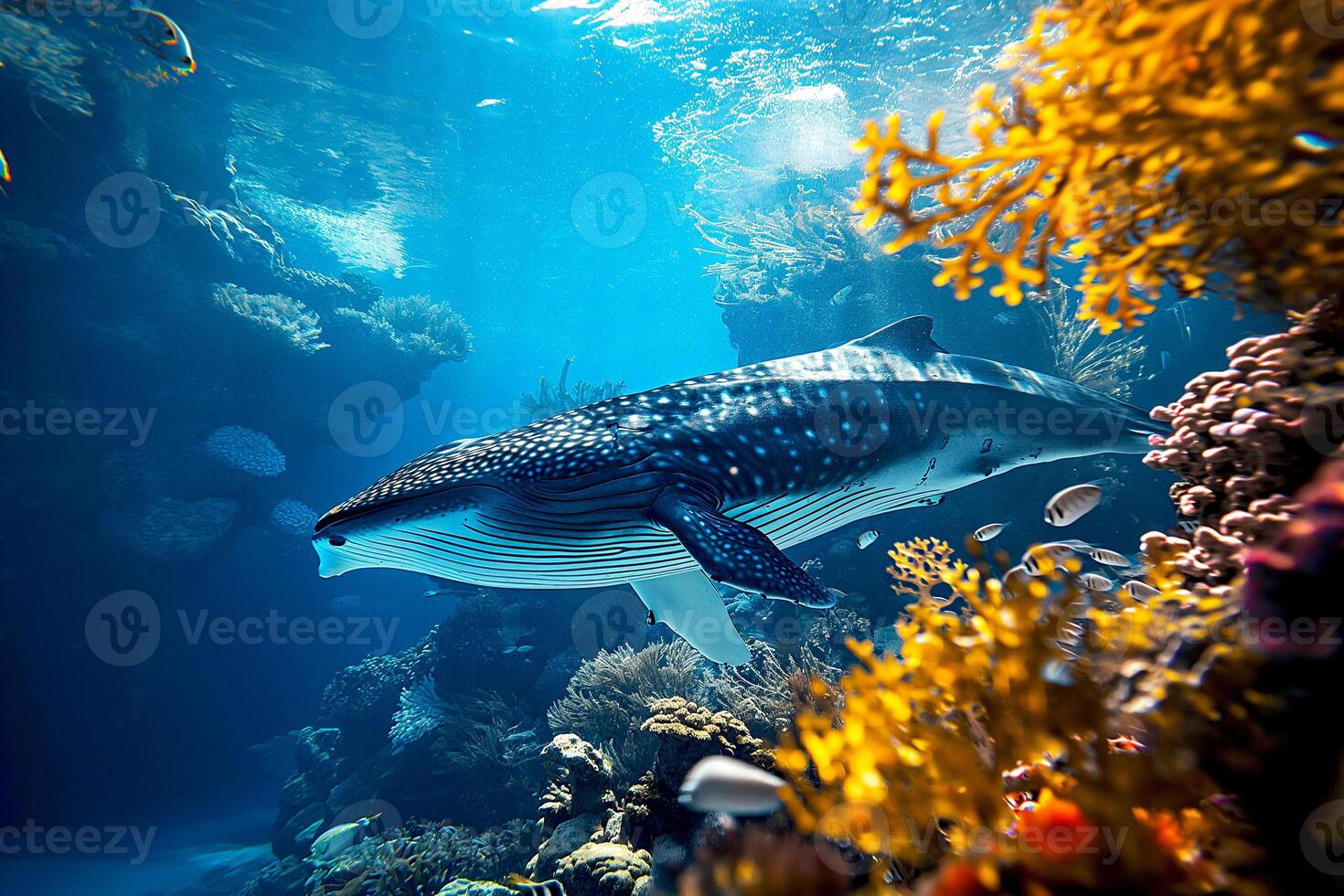 ai generado ballena nadando en el mar con pequeño pescado terminado vistoso coral arrecife, debajo agua animal Oceano vida naturaleza escénico foto