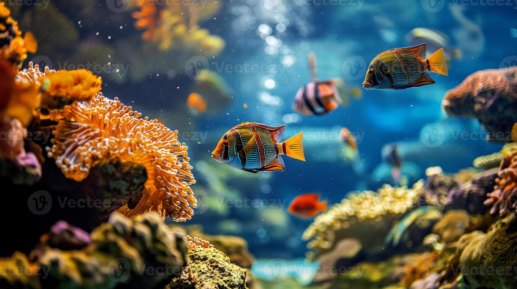 AI generated Tropical sea underwater colorful fishes and coral reef. Aquarium oceanarium wildlife colorful marine panorama landscape nature snorkel diving photo