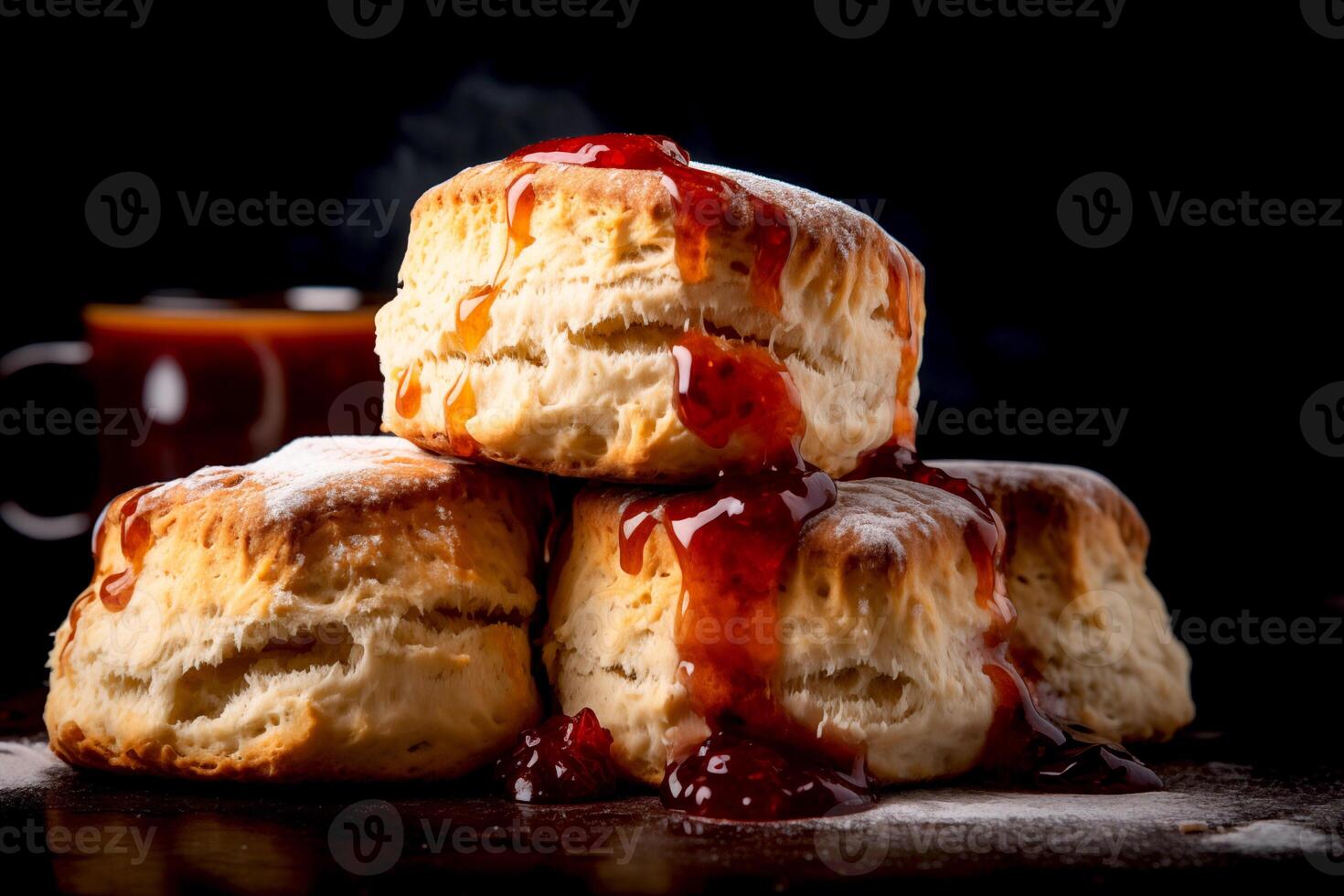 AI generated Closeup Plain scones with raspberries and raspberry jam on top ready to serve for afternoon tea menu Bakery food photo