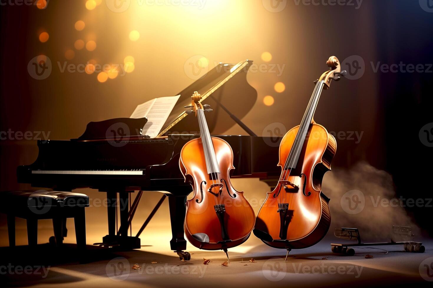 AI generated music trio instrument with grand piano, violin and cello on the stage with bogeh effect background photo