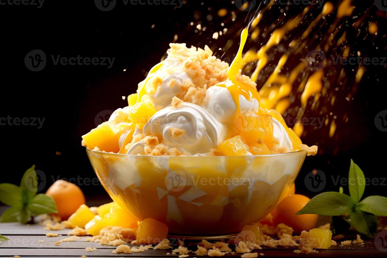 AI generated Fresh Mango Bingsu ice cream with sweet toppings korean shaved ice dessert with black background photo