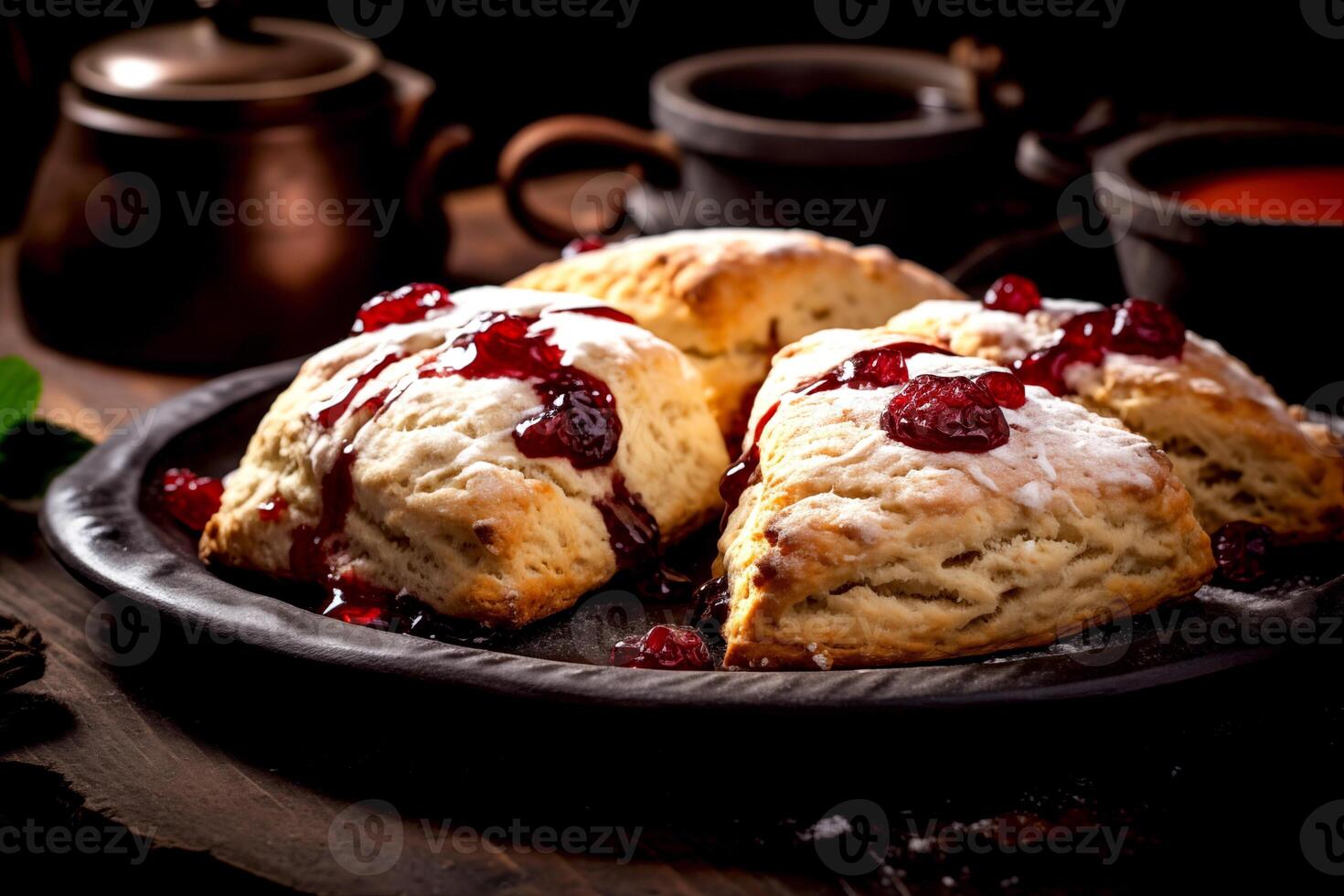 AI generated Closeup traditional british scones with raspberries and raspberry jam ready to serve for afternoon tea menu Bakery food on a wooden table photo