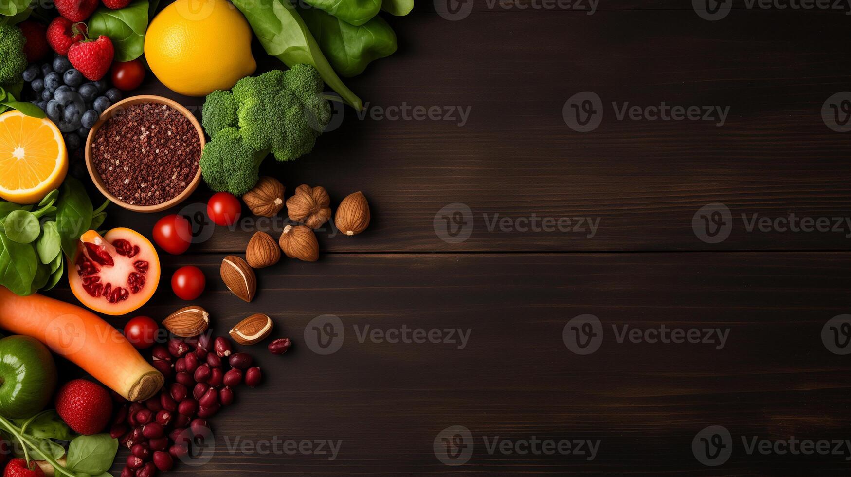 AI generated Healthy fruits, vegetables and nuts grains food clean eating selection organic raw food on dark wood background top eyes view, flat lay copyspace photo