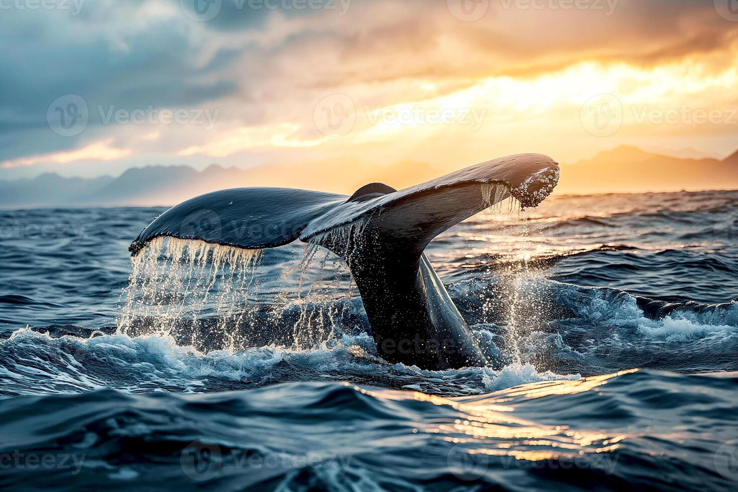 AI generated Whale tail diving and splashes on surface of the ocean, seascape in the late afternoon lights photo