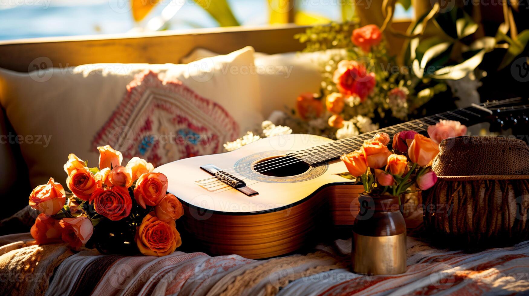 AI generated The guitar lies on the sofa with roses and flowers. the concept a song for meditation, relaxation, music therapy photo