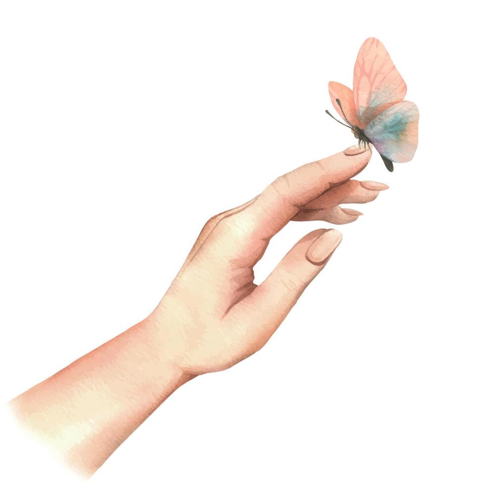 White woman s hand, palm side view, touching a delicate peach fuzz butterfly. Hand drawn watercolor illustration. Composition isolated from the background. vector