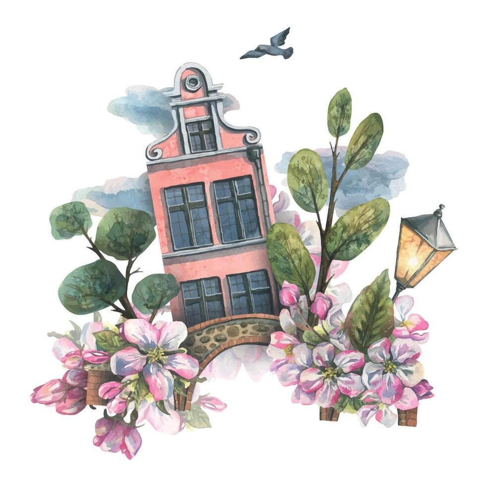 un lindo, rosado casa con árboles, un puente, un linterna, un paloma, nubes y manzana flores acuarela ilustración. primavera composición desde el colección de europeo casas para el diseño vector