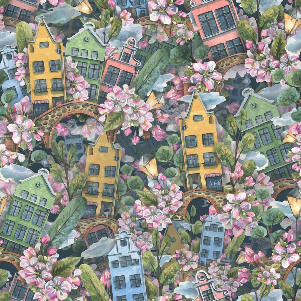 un linda casas con árboles, un puente, un linterna, un paloma, nubes y manzana flores acuarela ilustración. primavera sin costura modelo desde el colección de europeo casas para el tela, fondo de pantalla vector
