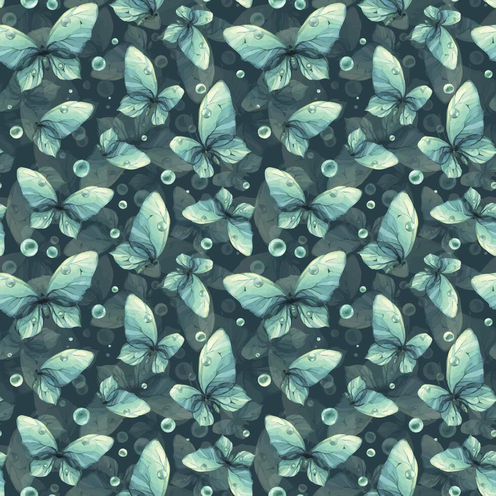 delicado turquesa y azul mariposas con burbujas son aireado, luz, hermosa. mano dibujado acuarela ilustración. sin costura modelo en un oscuro antecedentes para tela, textiles, fondo de pantalla, embalaje. vector