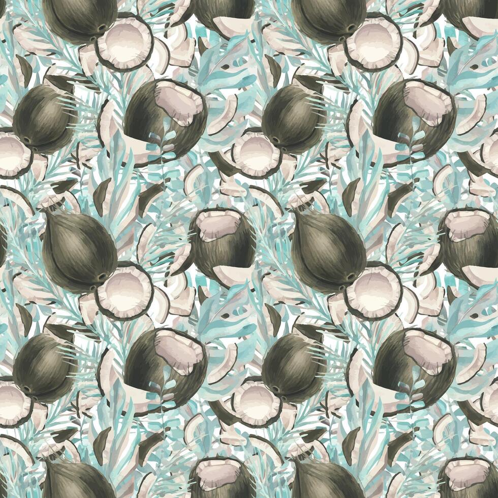 tropical turquesa hojas con diferente formas y piezas de Coco. acuarela ilustración. sin costura modelo desde el Coco recopilación. para tela, textiles, fondo de pantalla, embalaje, menús recetas. vector