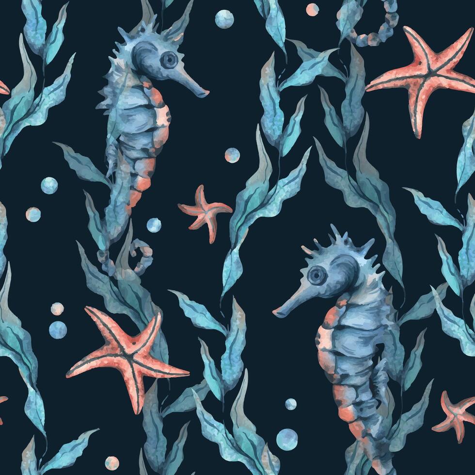 Underwater world clipart with sea animals seahorse, starfish, bubbles and algae. Hand drawn watercolor illustration. Seamless pattern on a dark background vector