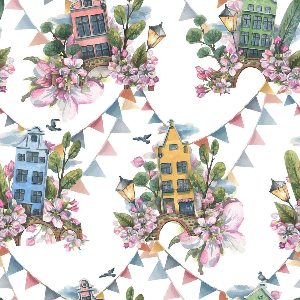 A cute houses with trees, a bridge, a lantern, a pigeon, clouds and apple blossoms. Watercolor illustration. Spring seamless pattern from the collection of EUROPEAN HOUSES. For the fabric, wallpaper. vector