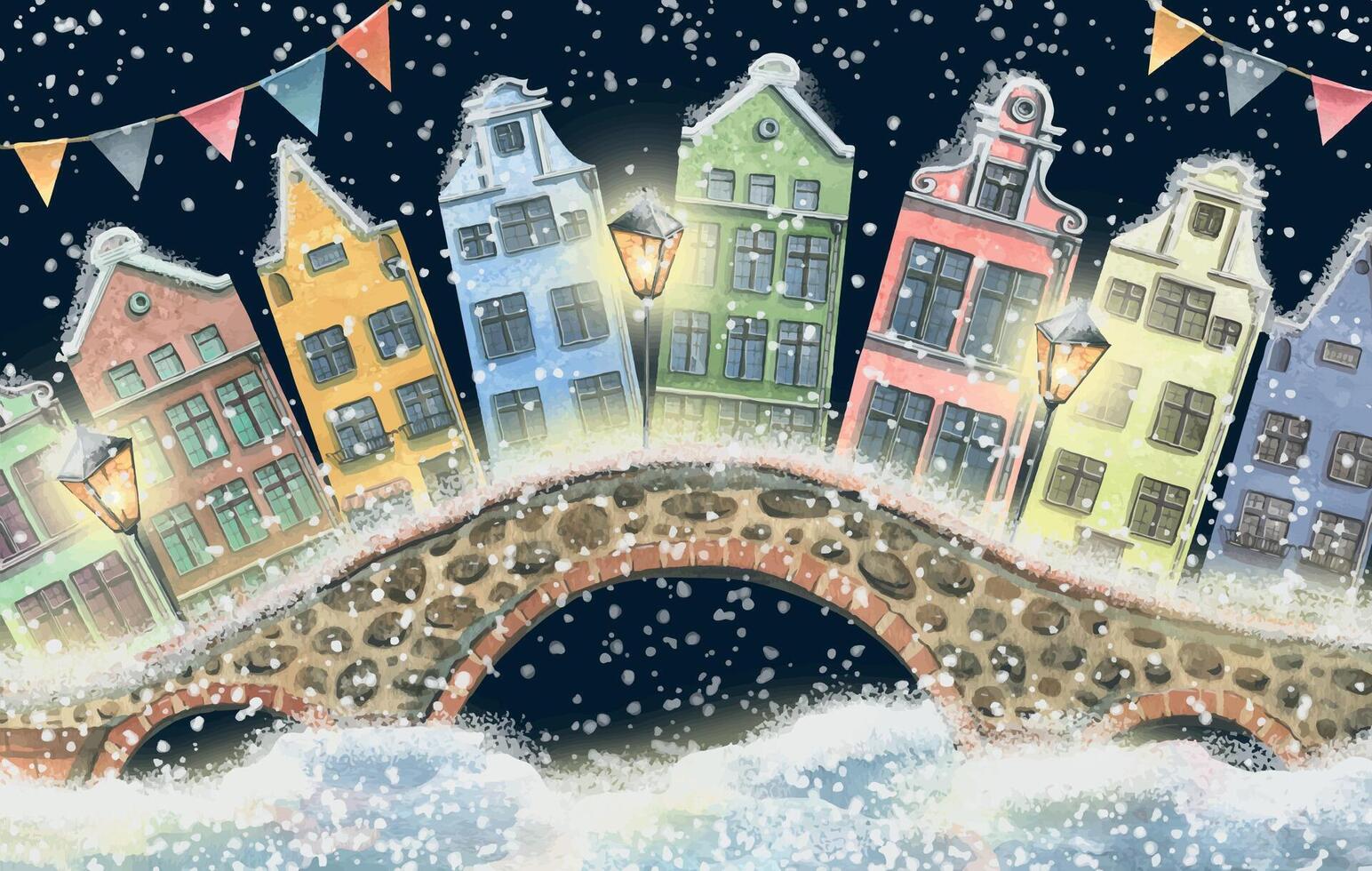 City panorama with cute European houses on an old bridge with snow lanterns and garlands of flags. Watercolor illustration. A composition from a large set of EUROPEAN HOUSES. For decoration and design vector