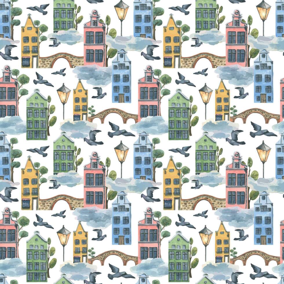 European houses, bridges, trees, clouds and pigeons. Watercolor illustration. Seamless pattern on a white background. For fabric textiles, wallpaper, prints, covers, travel booklets, children's rooms vector