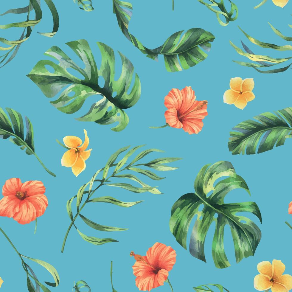 Tropical palm leaves, monstera and flowers of plumeria, hibiscus, bright juicy. Hand drawn watercolor botanical illustration. Seamless pattern on a blue background vector