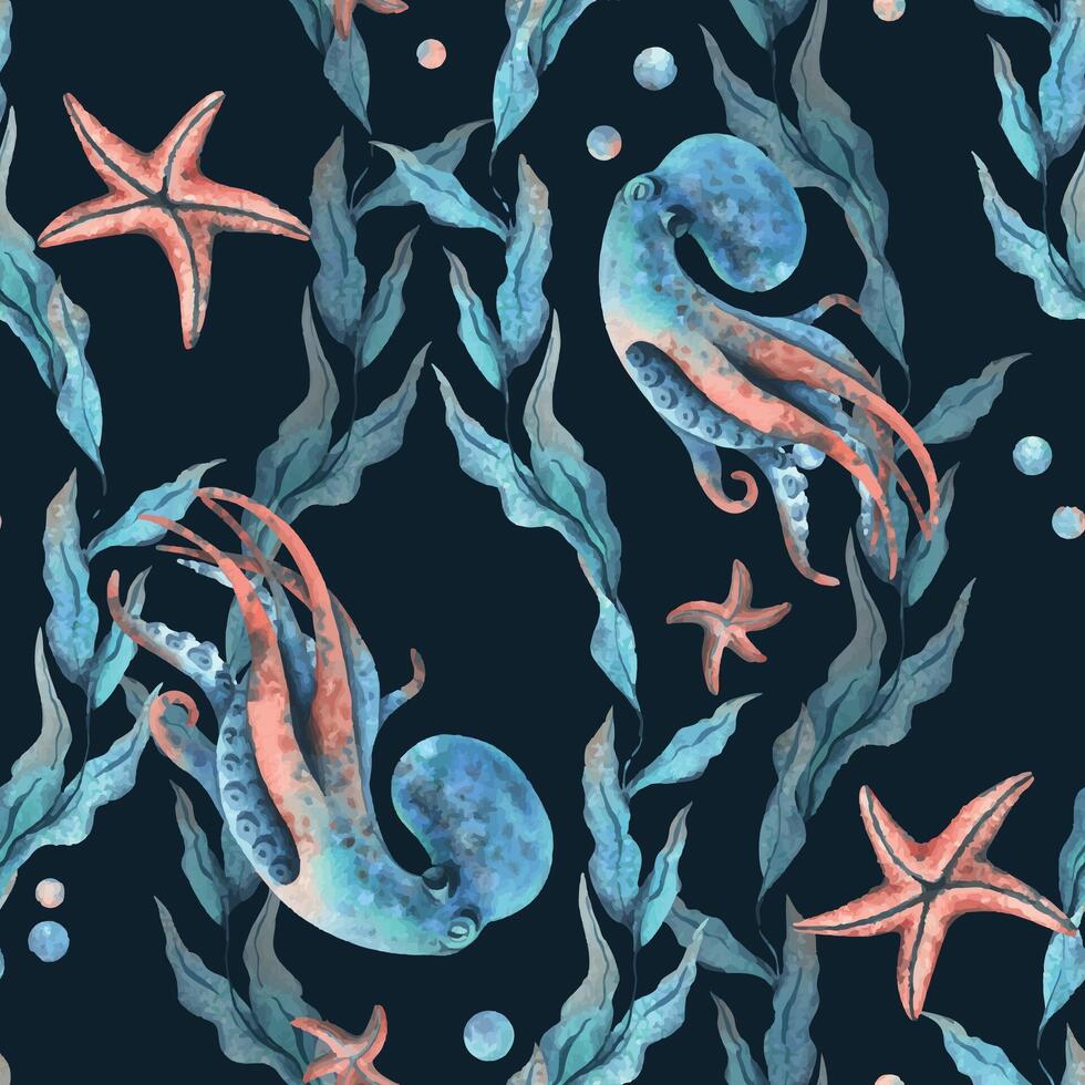 Underwater world clipart with sea animals octopus, starfish, bubbles and algae. Hand drawn watercolor illustration. Seamless pattern on a dark background vector