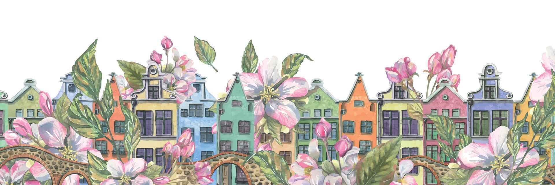 linda europeo pequeño casas con Roca puentes y primavera, rosado manzana flores acuarela ilustración. un largo bandera desde el colección de europeo casas para decoración y diseño vector