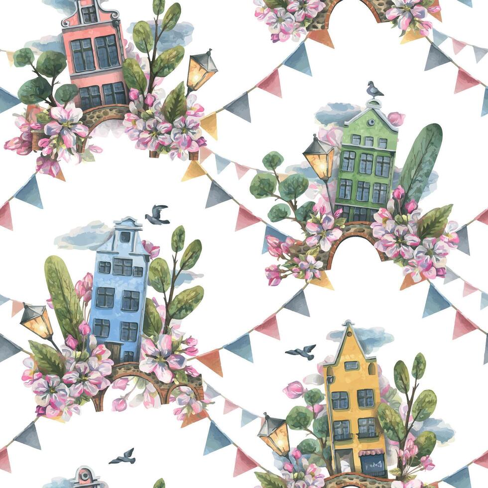 A cute houses with trees, a bridge, a lantern, a pigeon, clouds and apple blossoms. Watercolor illustration. Spring seamless pattern from the collection of EUROPEAN HOUSES. For the fabric, wallpaper vector