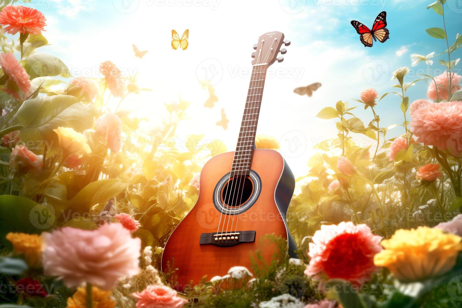 AI generated The guitar on the botanic garden in spring season, the concept a song about spring, music in colors, a flower garden, dream toned sunset background photo