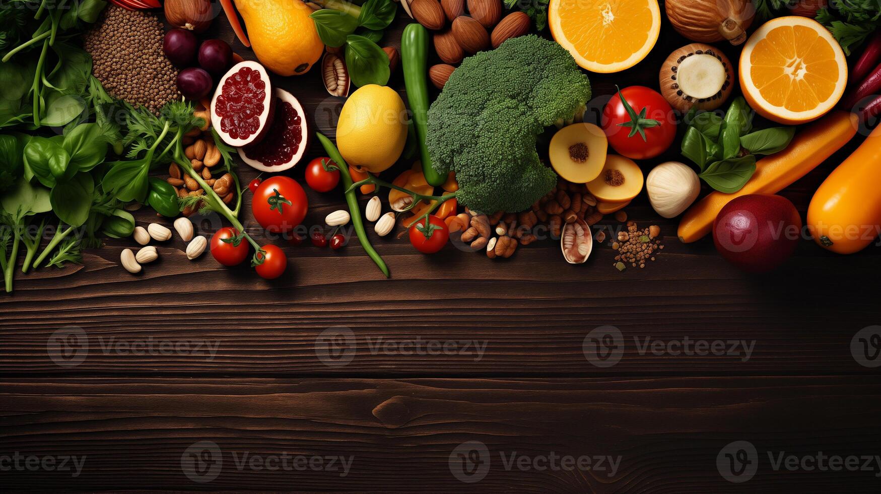 AI generated Healthy fruits, vegetables and nuts grains food clean eating selection organic raw food on dark wood background top eyes view, flat lay copyspace photo