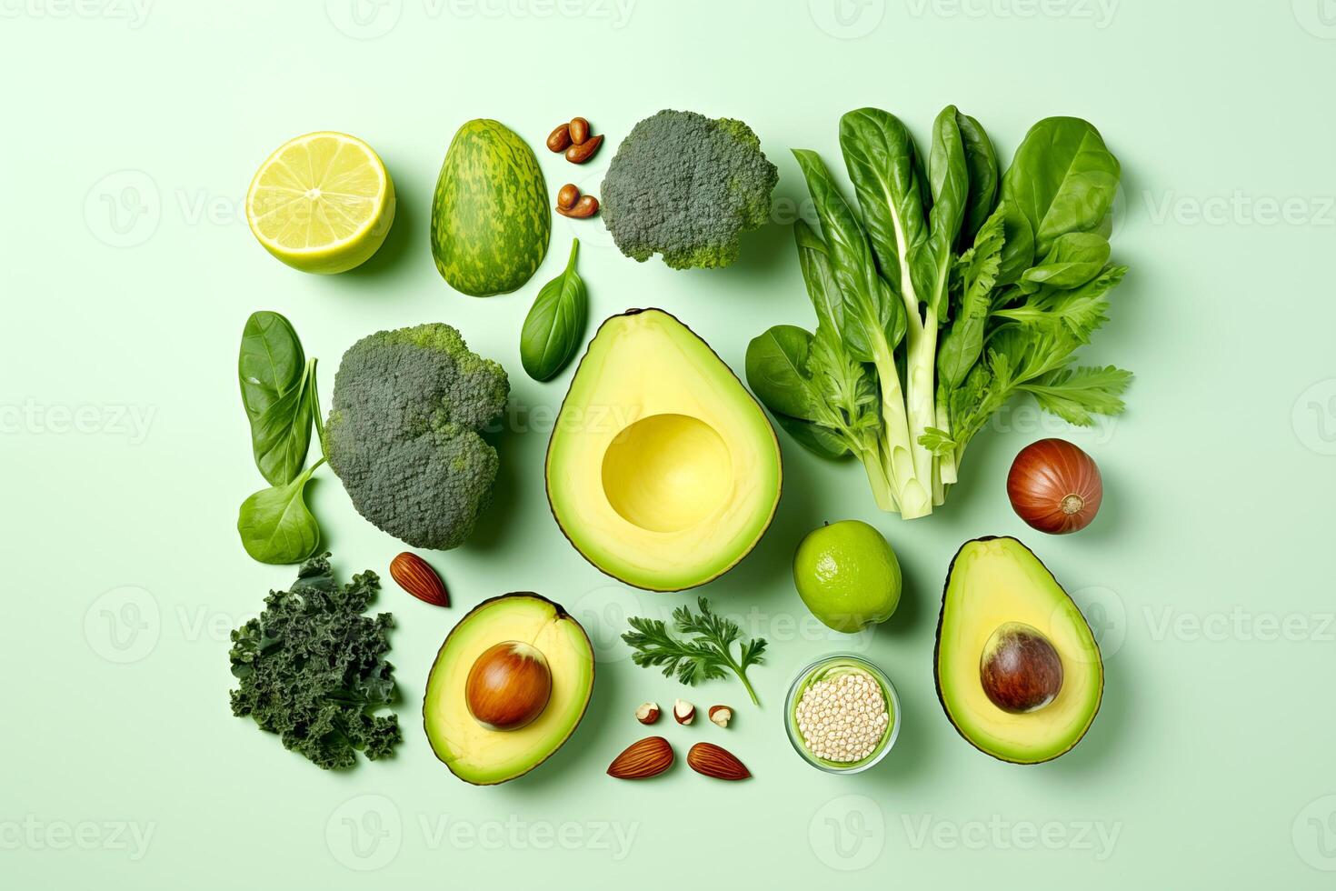 AI generated Flat lay Healthy mixed vegetables food organic ingredients selection on pastel green background. Raw food concept. A variety of organic fruits and vegetables with avocado. Vegan menu photo