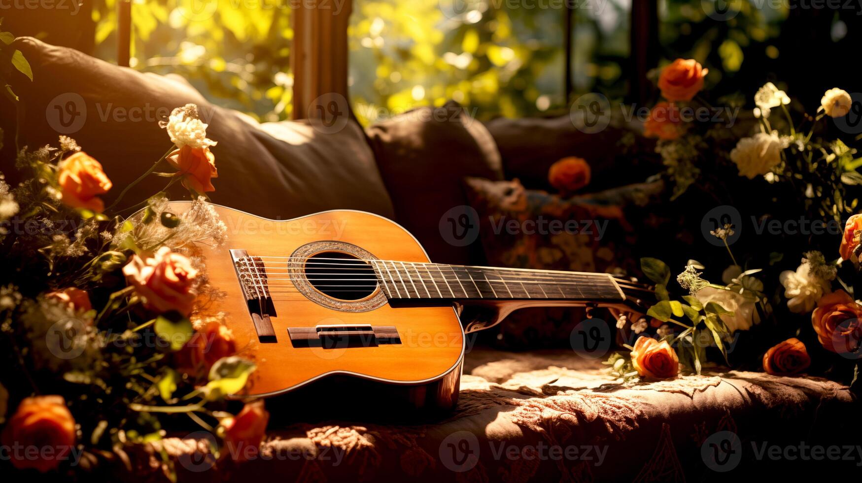 AI generated The guitar lies on the sofa with roses and flowers. the concept a song for meditation, relaxation, music therapy photo