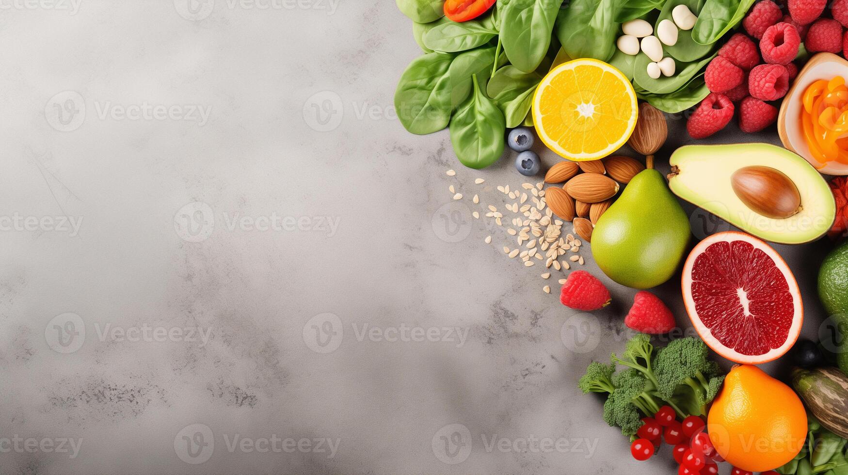 ai generado sano frutas, vegetales y nueces granos vegano comida limpiar comiendo selección orgánico crudo comida en gris hormigón antecedentes parte superior ojos vista, plano laico copyspace foto