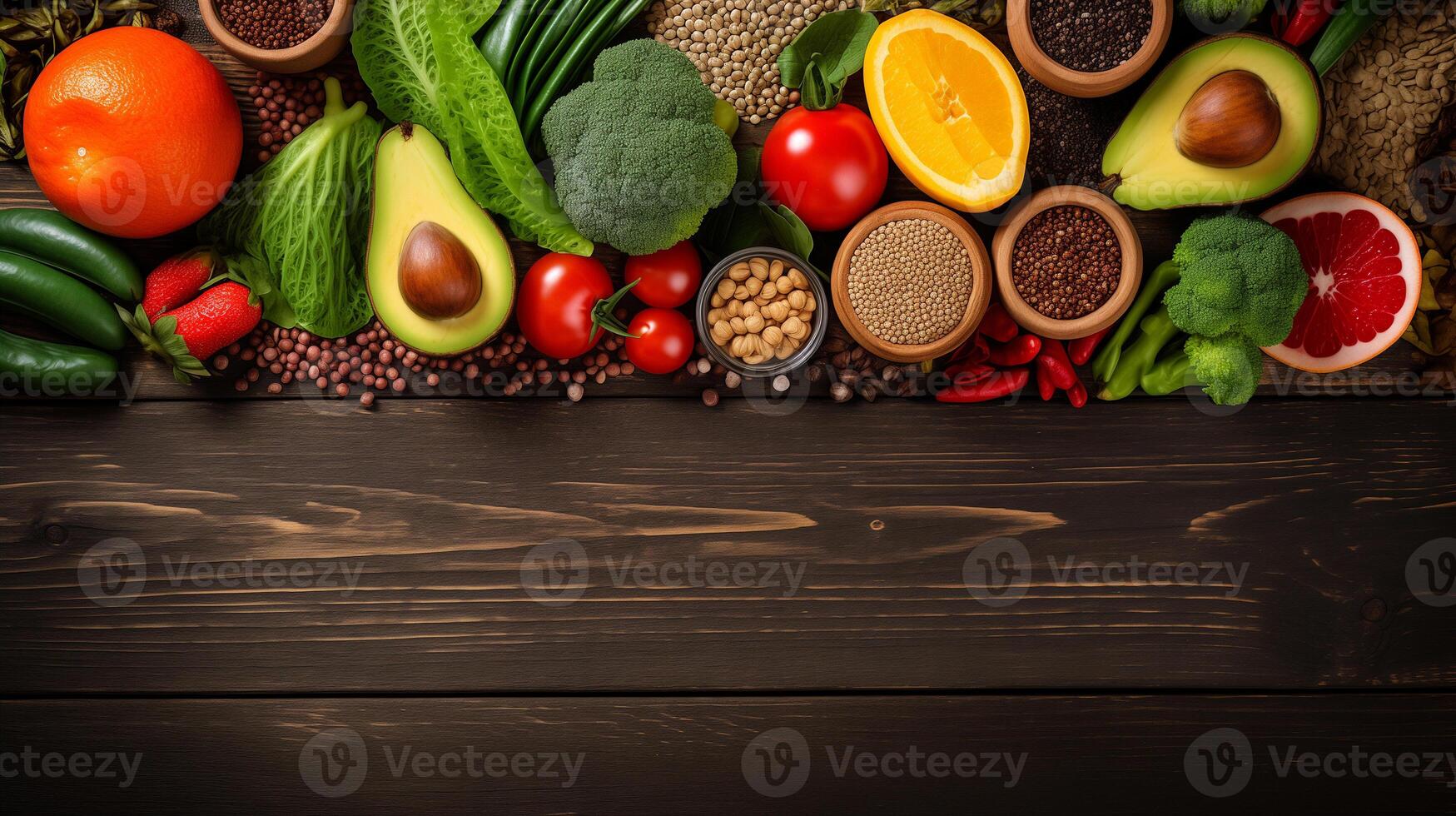 AI generated Healthy fruits, vegetables and nuts grains food clean eating selection organic raw food on dark wood background top eyes view, flat lay copyspace photo