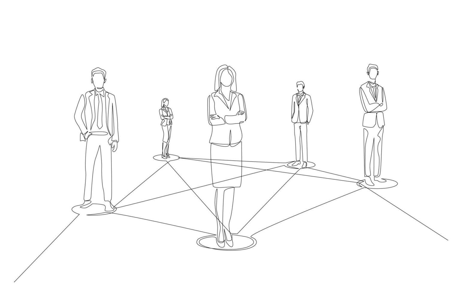 Continuous one line drawing of business people connected by lines, business networking and connection concept, single line art. vector