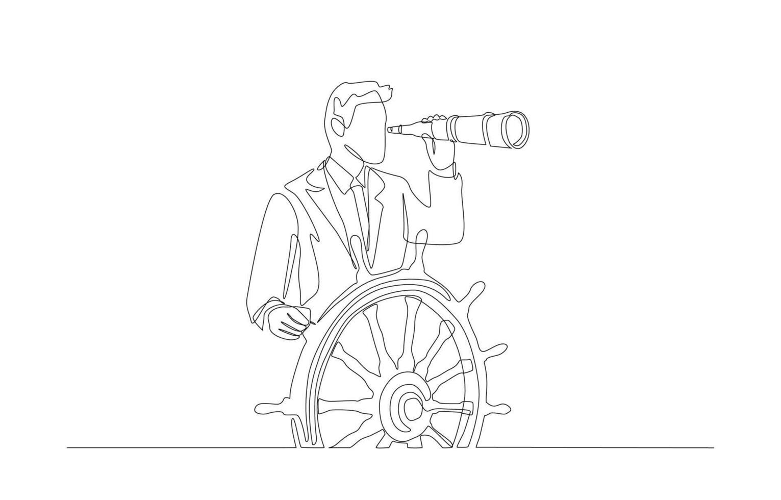 Continuous one line drawing of businessman steering ship and looking through telescope, business vision or career opportunity concept, single line art. vector
