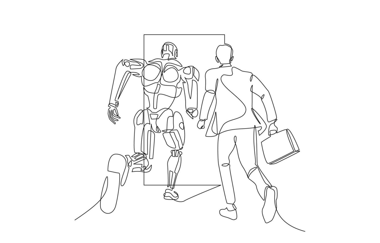 Continuous one line drawing of businessman and robot competing to enter door first, human versus AI, employment concept, single line art. vector