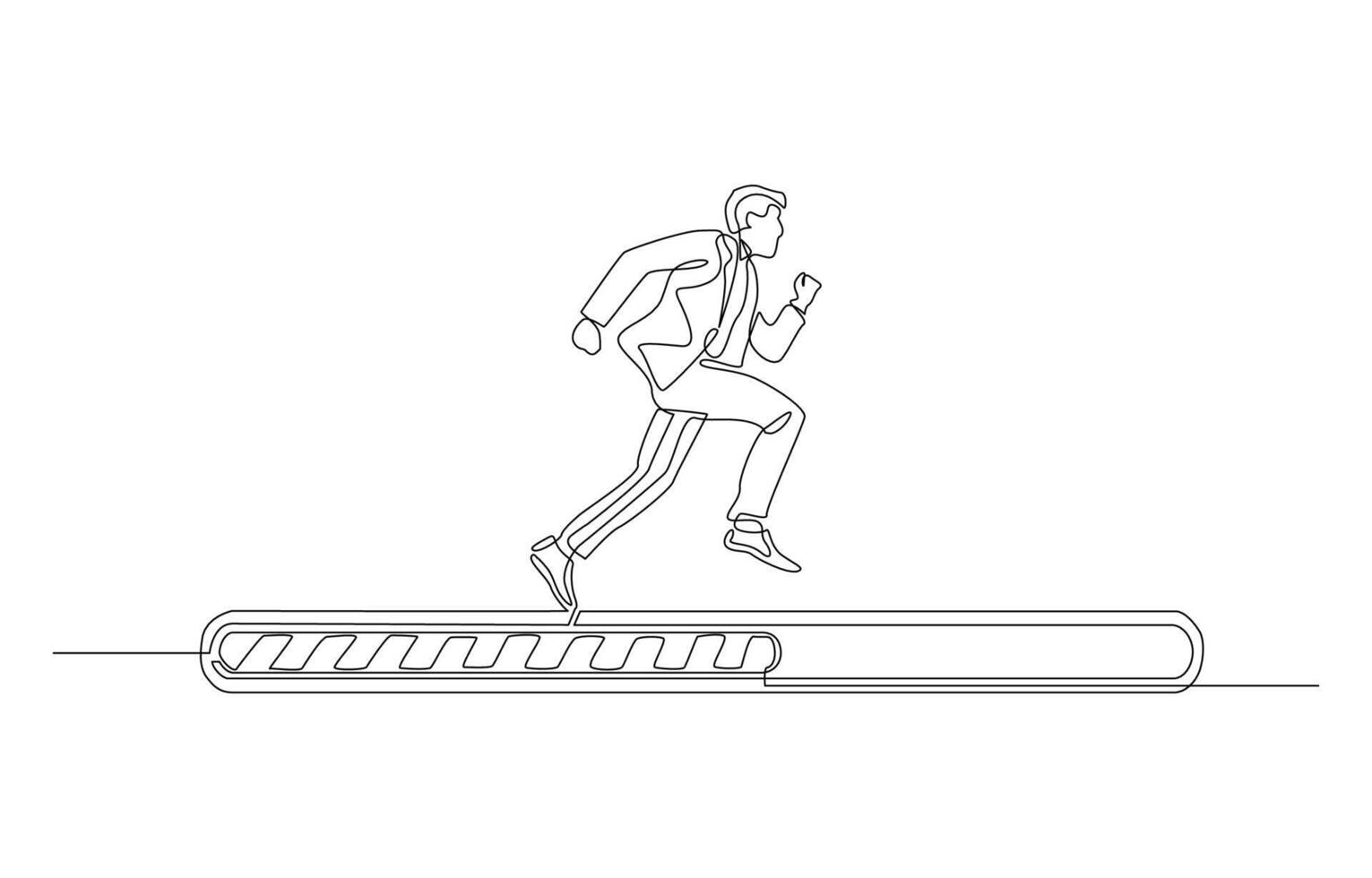 Continuous one line drawing of businessman running on loading bar, working progress concept, single line art. vector